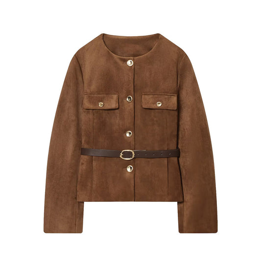Women's new fashion with Belt suede texture effect O Neck suit jacket