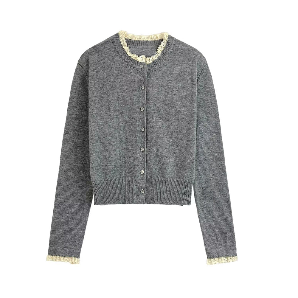 Women's new fashion O Neck lace patchwork knitted cardigan