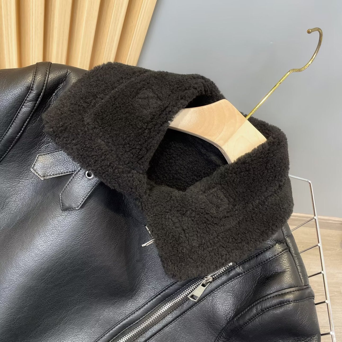 Women's black double-sided Fur Faux Leather jacket Coat