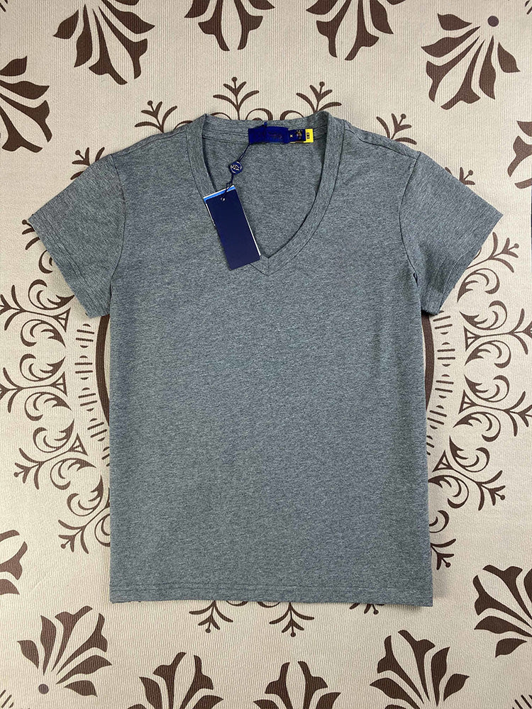 Women's New Fashion Joker Embroidered Pure Cotton Solid Color V-neck Slim T-shirt