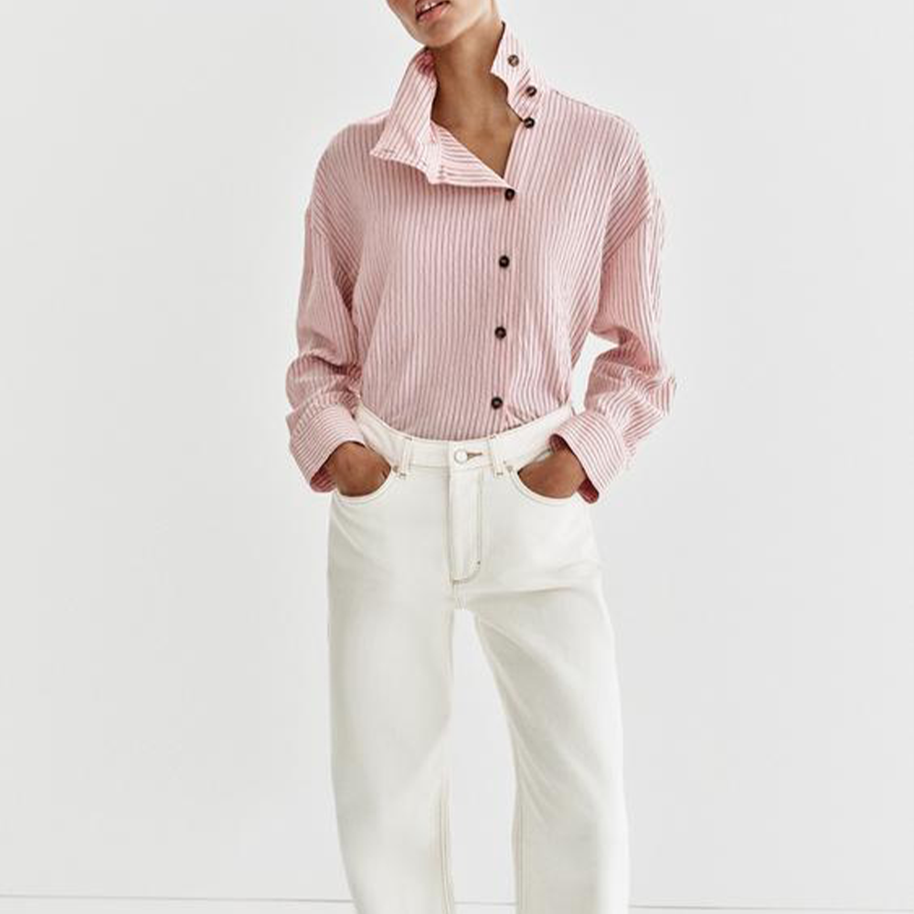 Women's loose striped high neck shirt