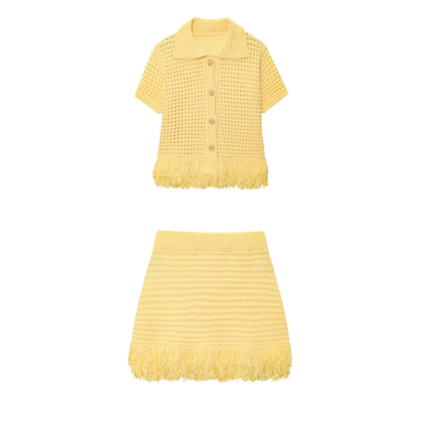 suit Women's 2 pieces tassel decorated Plaid knit Coat+Skirts