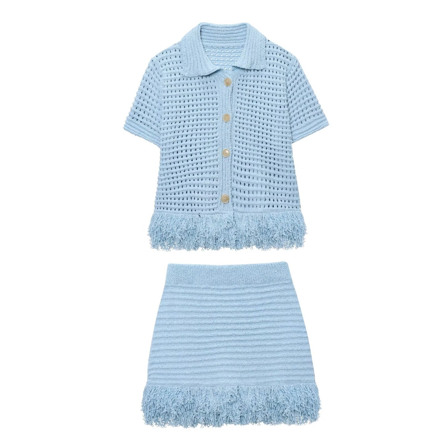 suit Women's 2 pieces tassel decorated Plaid knit Coat+Skirts