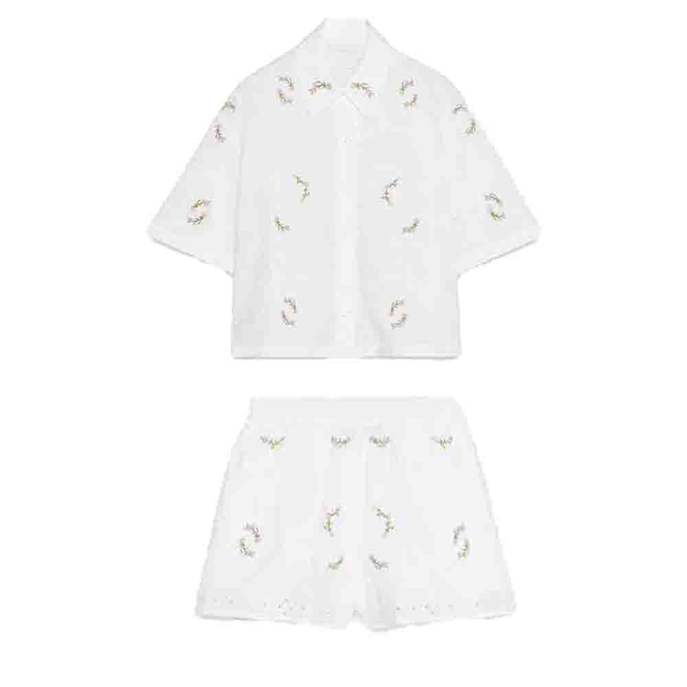 suit Women's 2 pieces new fashion short sleeved flower embroidered shirt+Shorts suit