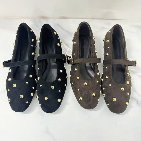 Women's 2025 New Fashion Joker Retro Rivet Mary Jane Suede Ballet Flat Shoes