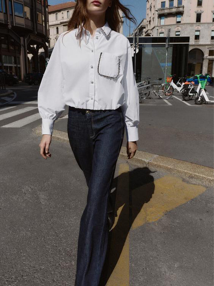 Women's new fashion bead decoration bubble sleeve poplin shirt