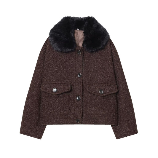 Women's new fur collar twill fabric jacket Coat