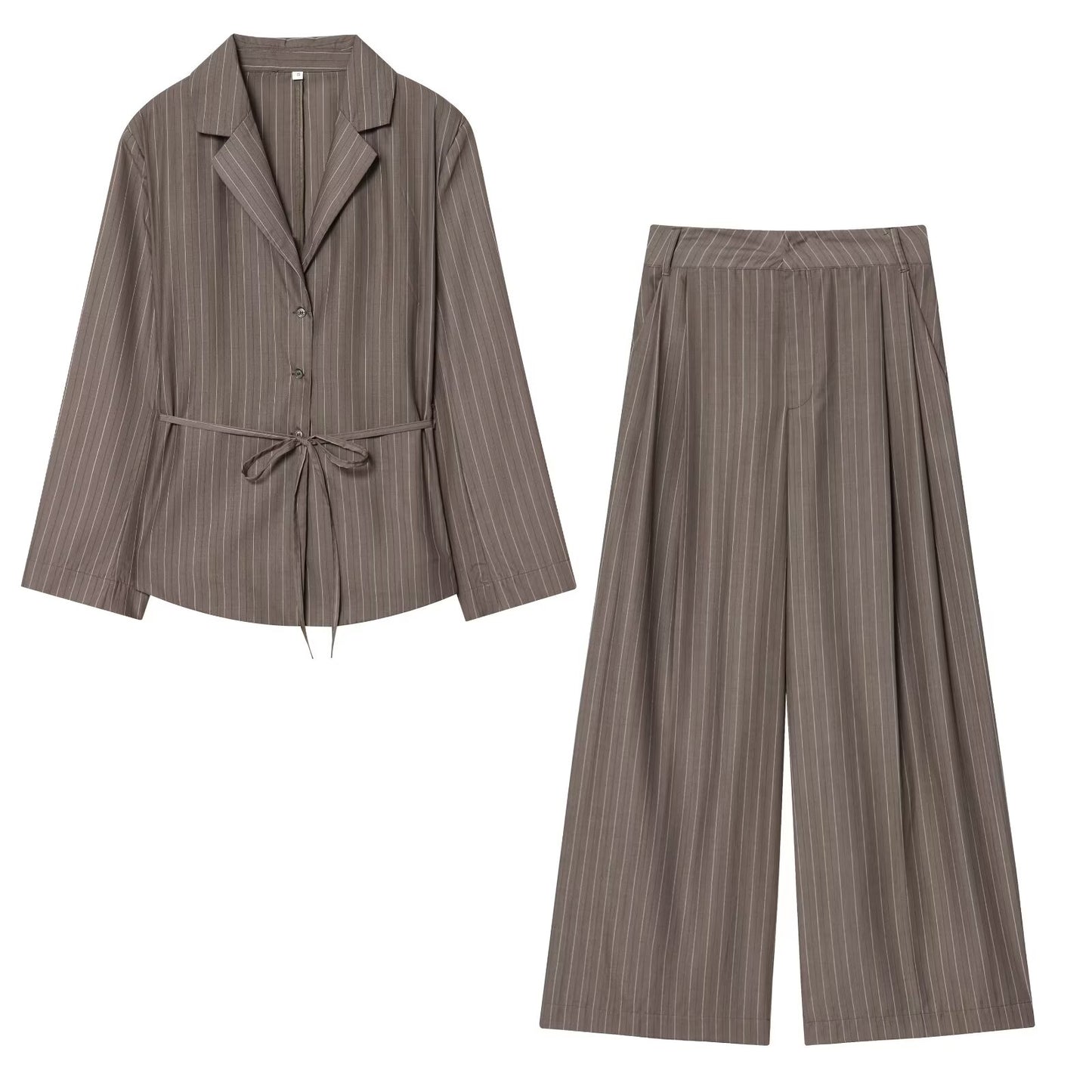 Women's New Fashion With Belt Loose Shoulder Pads Striped Suit Coat+Pants Suit