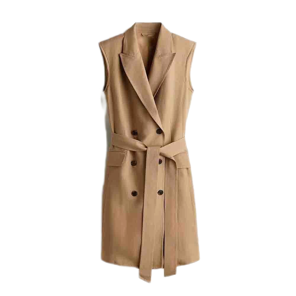 Women's 2025 new fashion With Belt linen blend double breasted suit style mini dress retro sleeveless women's dress