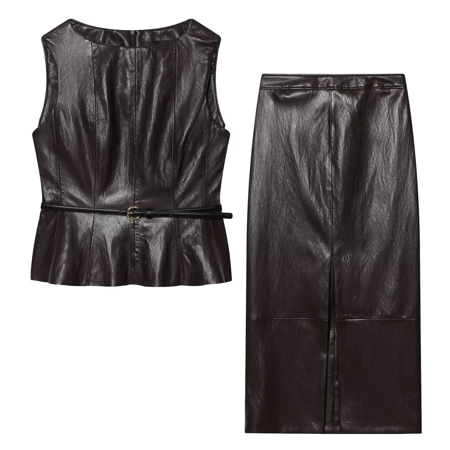 suit Women's 2 pieces with Belt faux leather effect sleeveless top+Skirts