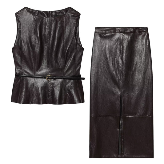 suit Women's 2 pieces with Belt faux leather effect sleeveless top+Skirts