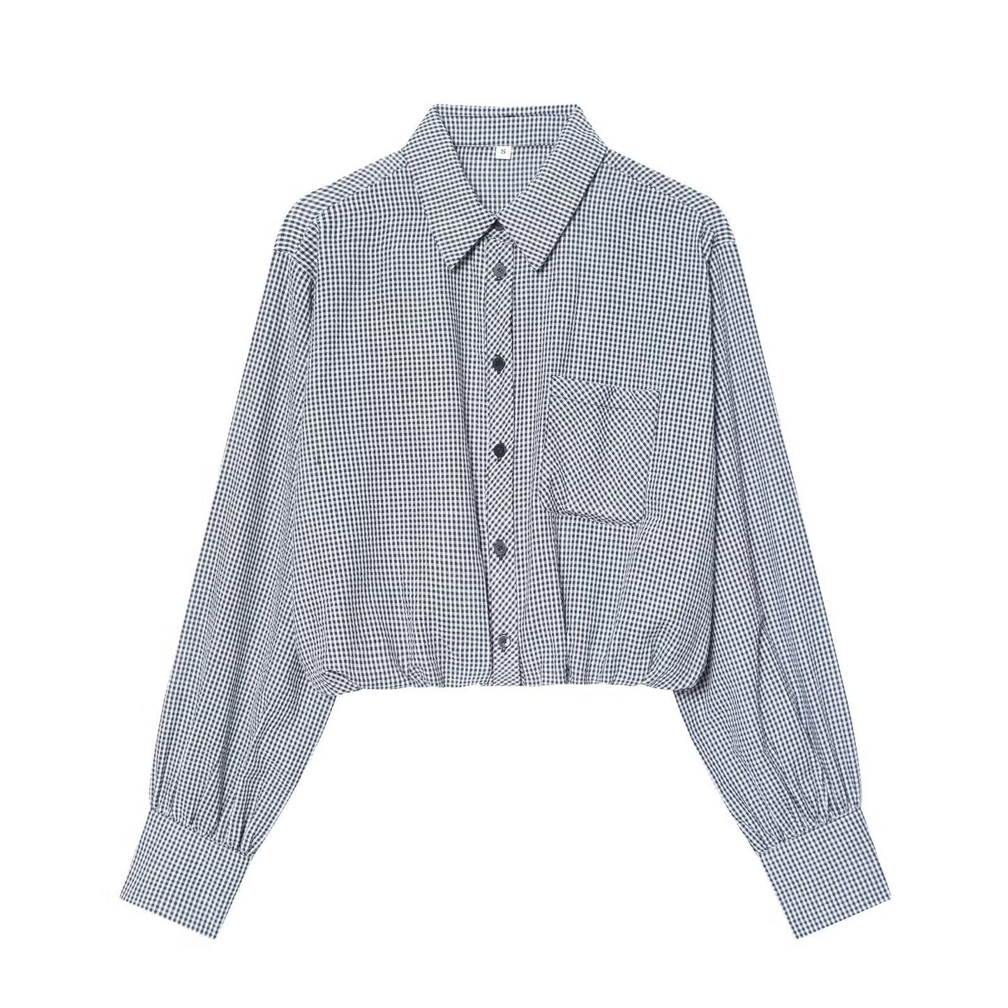 Women's balloon shaped short plaid poplin shirt