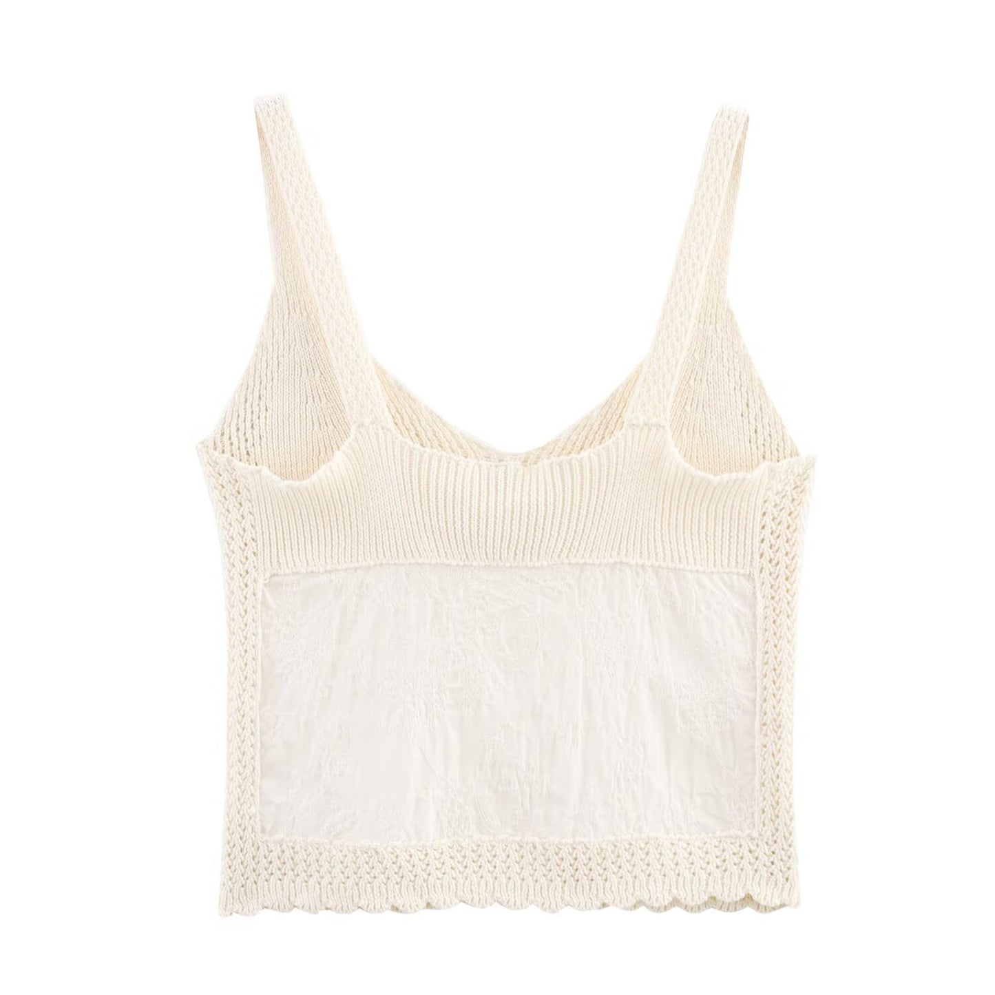 Women's New Fashion Embroidered Splicing Wide Shoulder Strap Knitted Top