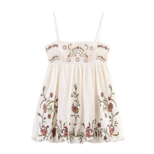 Women's new fashion wide pleated floral embroidery suspender mini dress