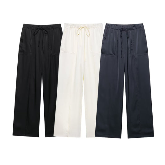 Women's new fashion loose elastic waist drawstring casual wide leg pants