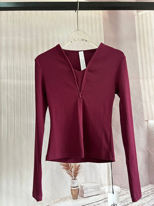 Women's New Casual Joker Slim V-neck Zipper Sports Fitness Long Sleeve Bottoming Shirt