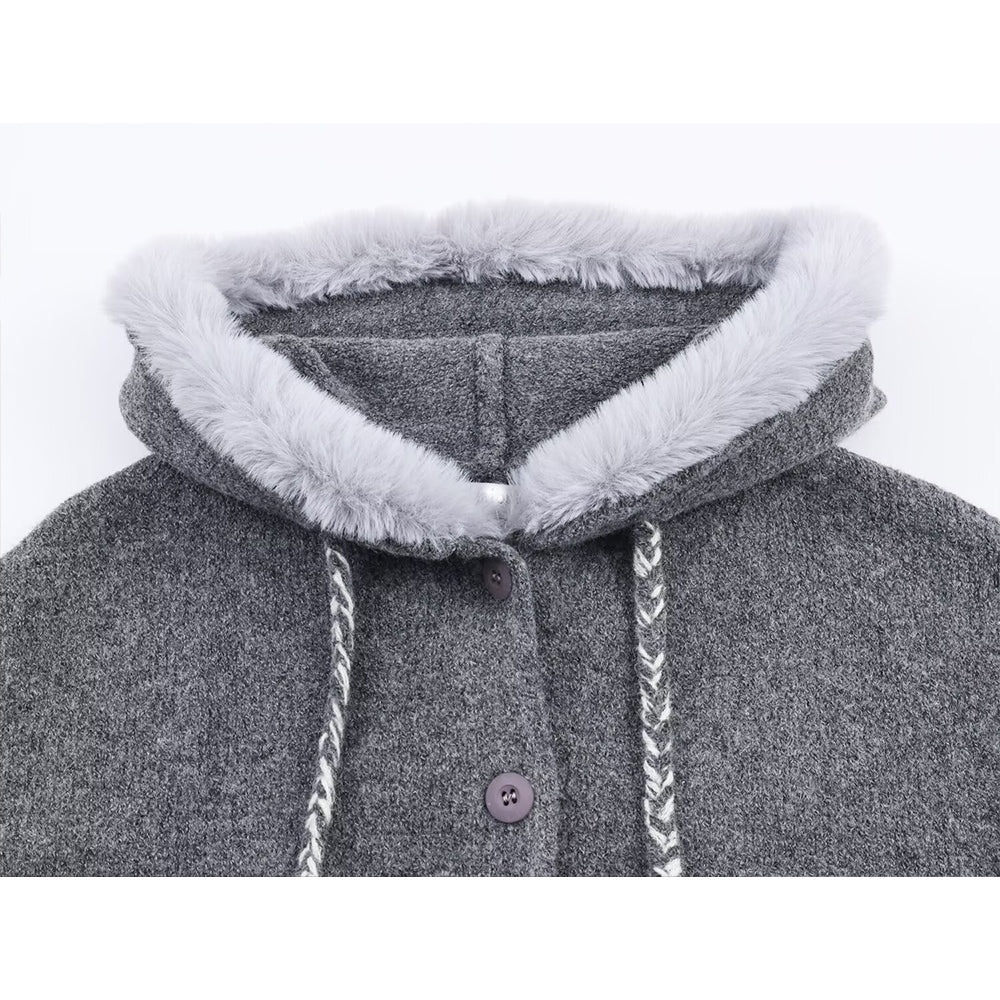 Women's plush hooded woven rope tassel knitted cardigan