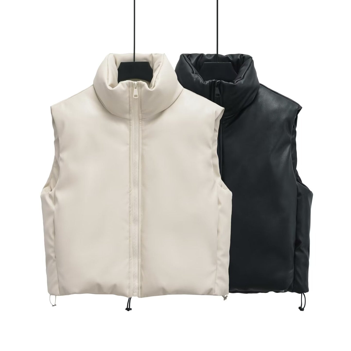 Women's short standing collar Faux Leather cotton vest