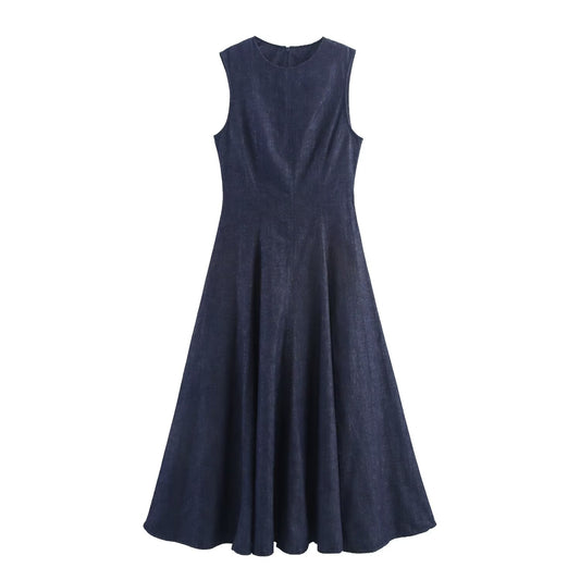 Women's new fashion sleeveless round neck denim Midi dress