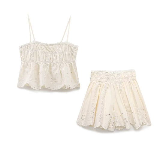 2025 Women's fashion Hollow embroidery suspender top+shorts suit