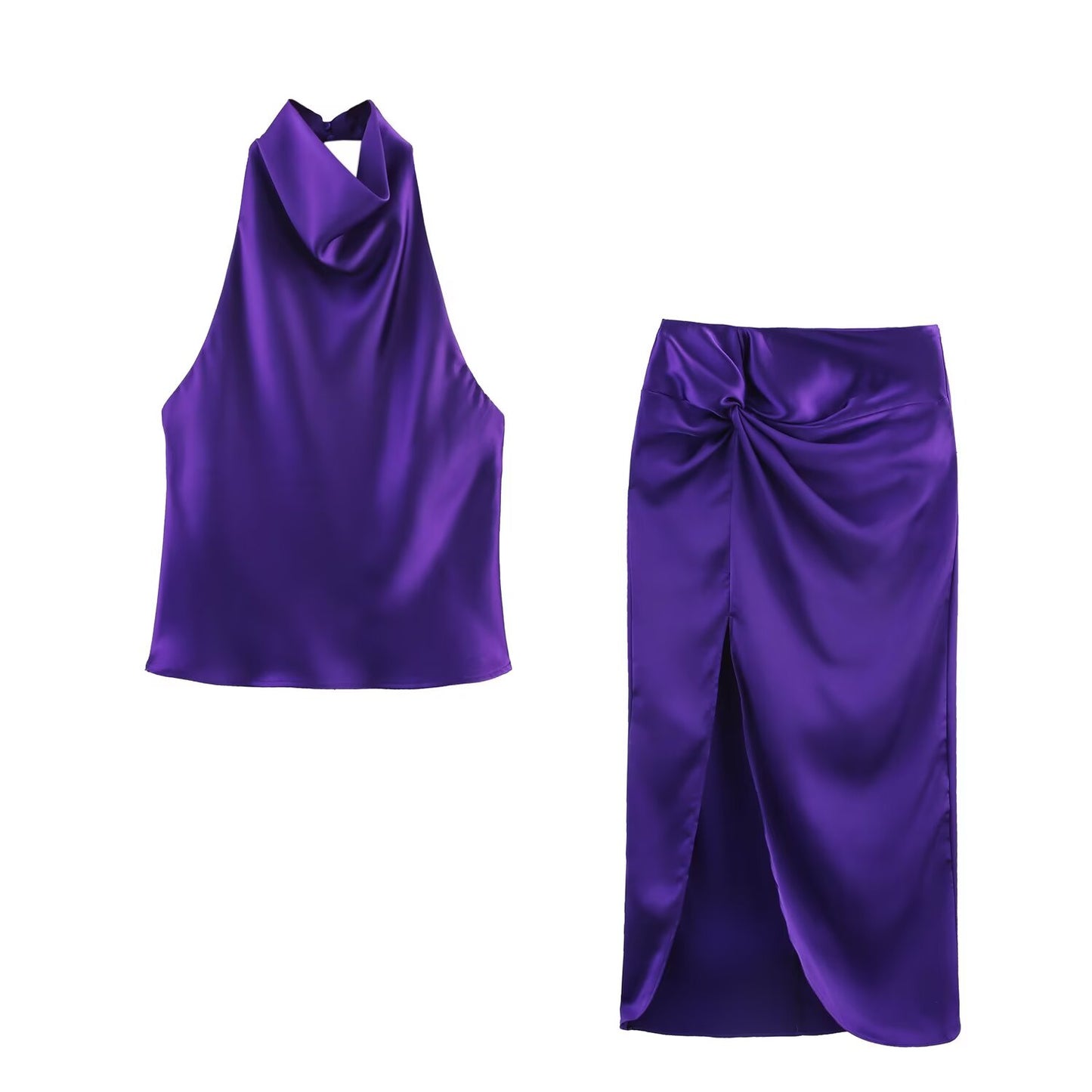 Women's new fashion satin texture hanging neck sleeveless top+Skirts