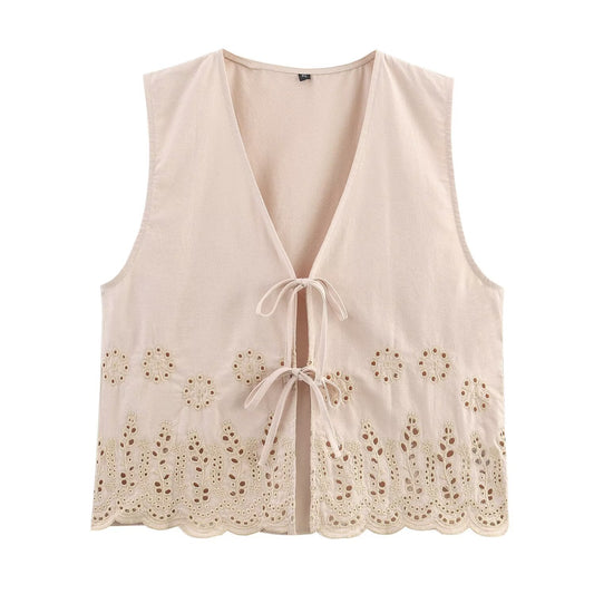 Women's new fashion hollow embroidery linen blended V-neck vest