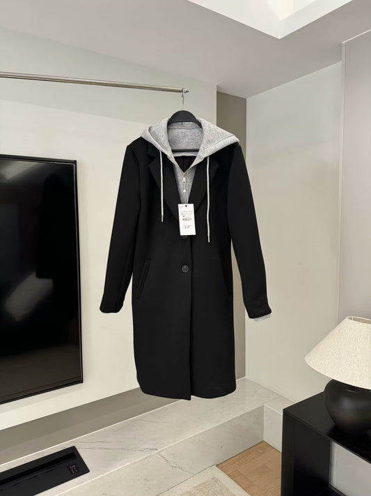 Women's loose long style detachable hooded patchwork coat