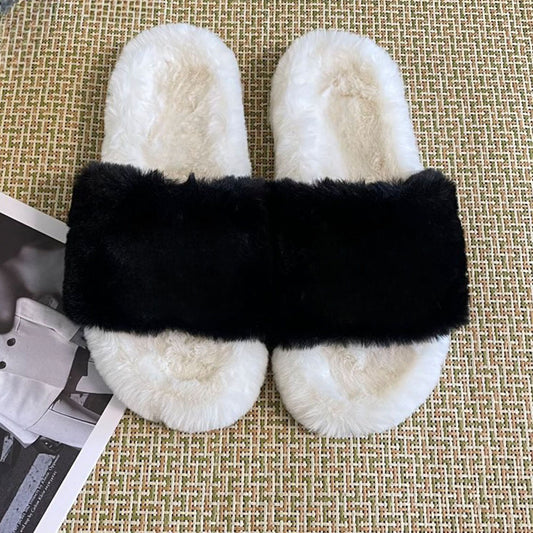 Women's new diamond-studded fur slippers have a shoe box