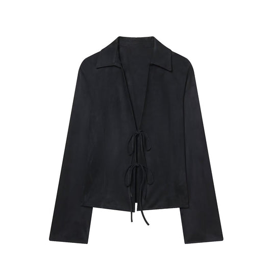 Women's black slim suede effect lace up shirt