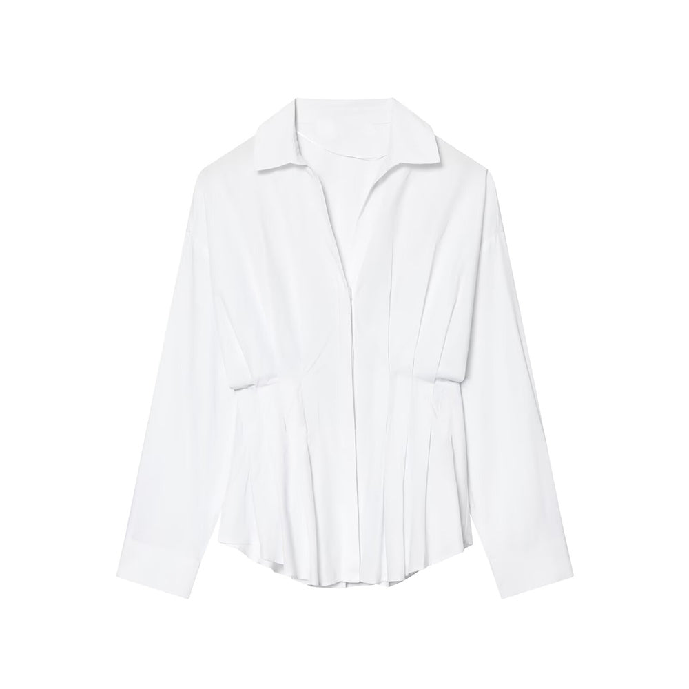 Women's pleated decorative casual poplin shirt