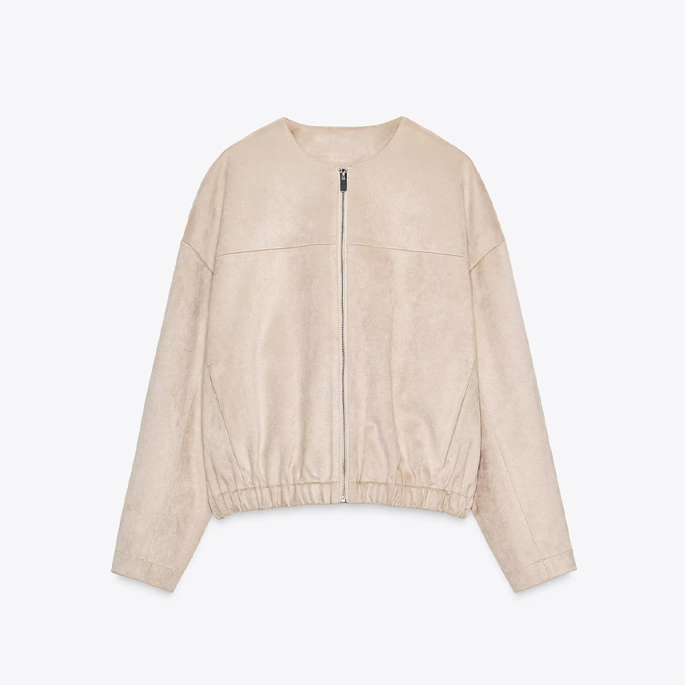 Women's new fashion anti suede effect O-Neck zipper jacket Coat