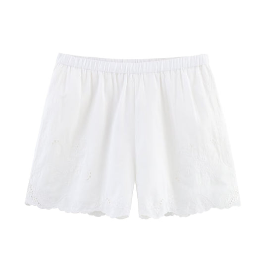 Women's New Fashion Flower Embroidered Pajama Style Casual Shorts