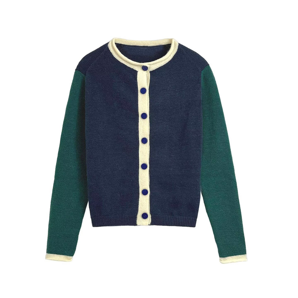 Women's new fashion O Neck long sleeved contrasting knitted Coat