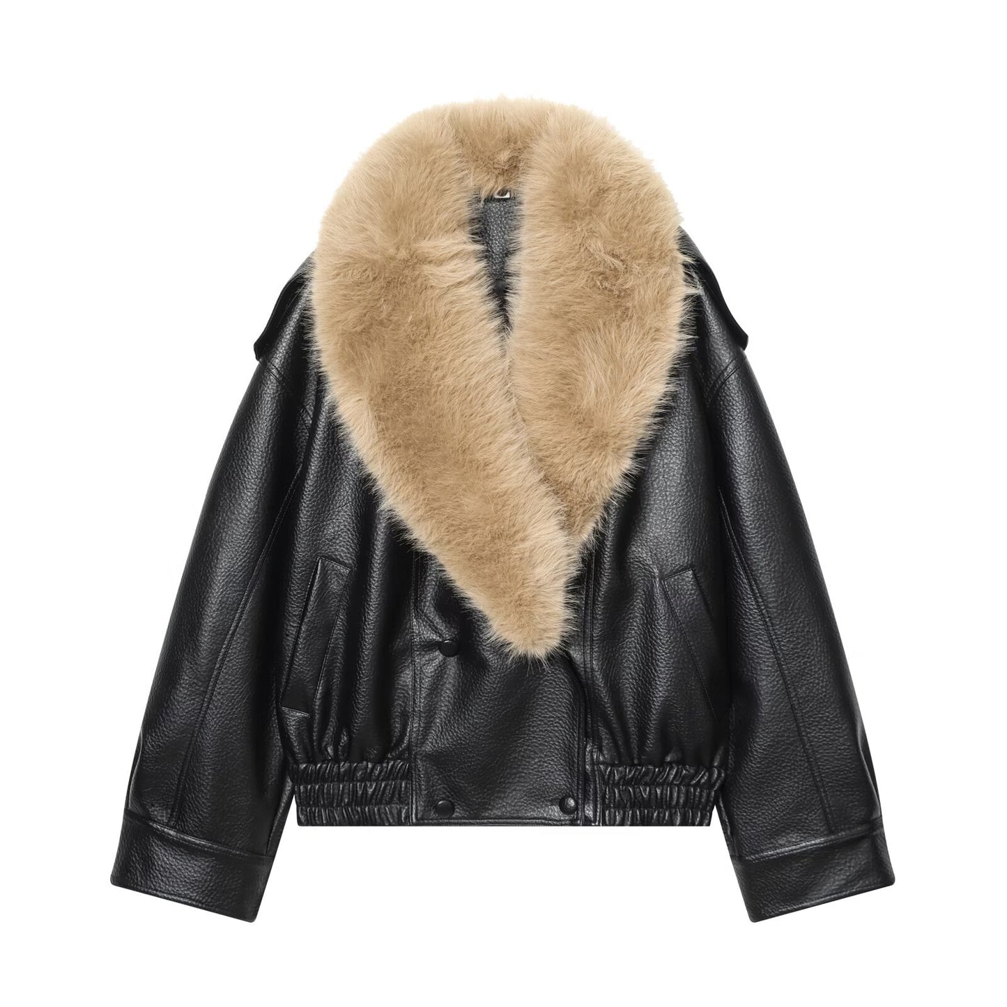 Women's detachable fur collar Faux Leather jacket Coat