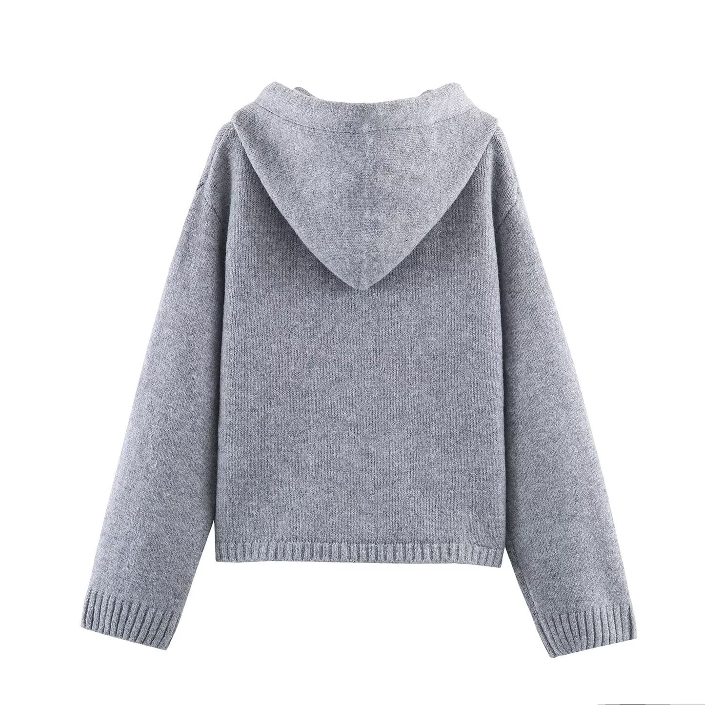 Women's hooded drawstring jacquard knitted cardigan