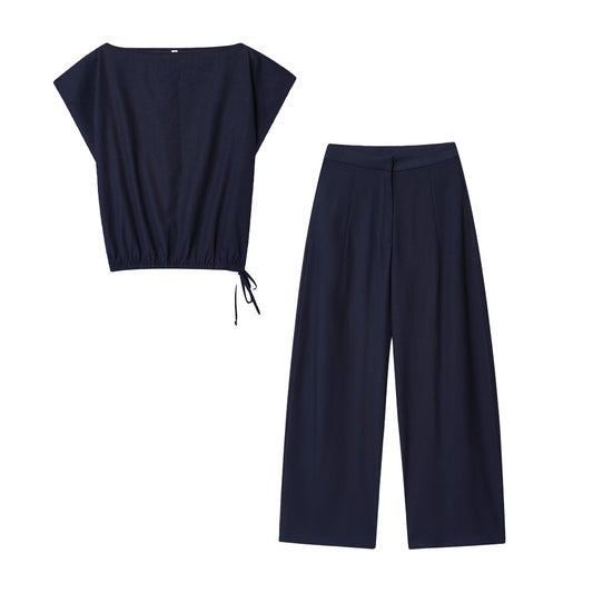 Women's 2025 new fashion linen blend lace up top+Pants suit