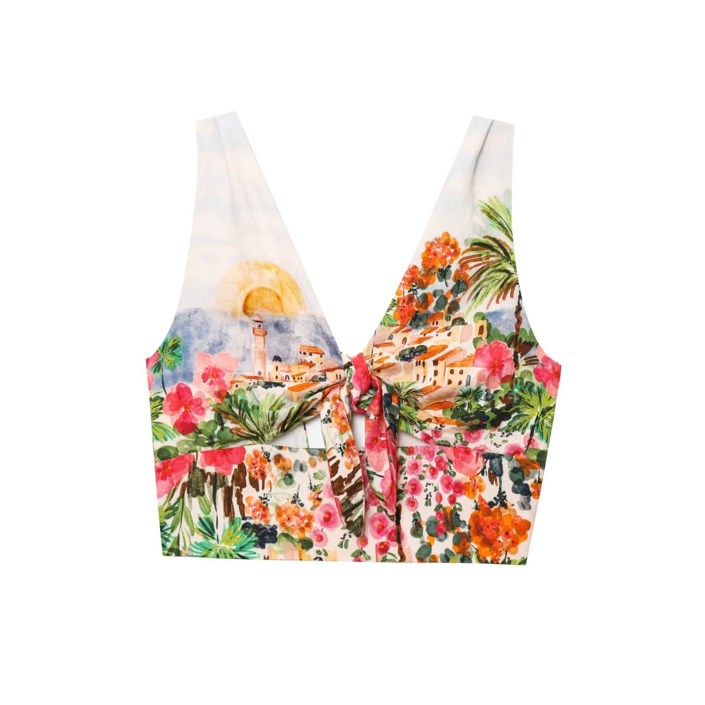 Women's new fashion knot decoration short print V-neck top+Skirts suit