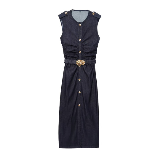 Women's 2025 new fashion with Belt slim pleated denim Midi dress