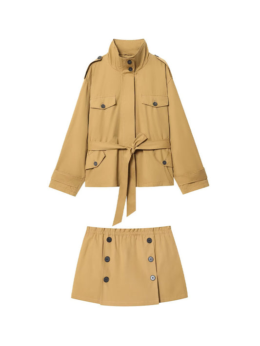 Women's new fashion with Belt loose windbreaker jacket+Shorts Skirts suit