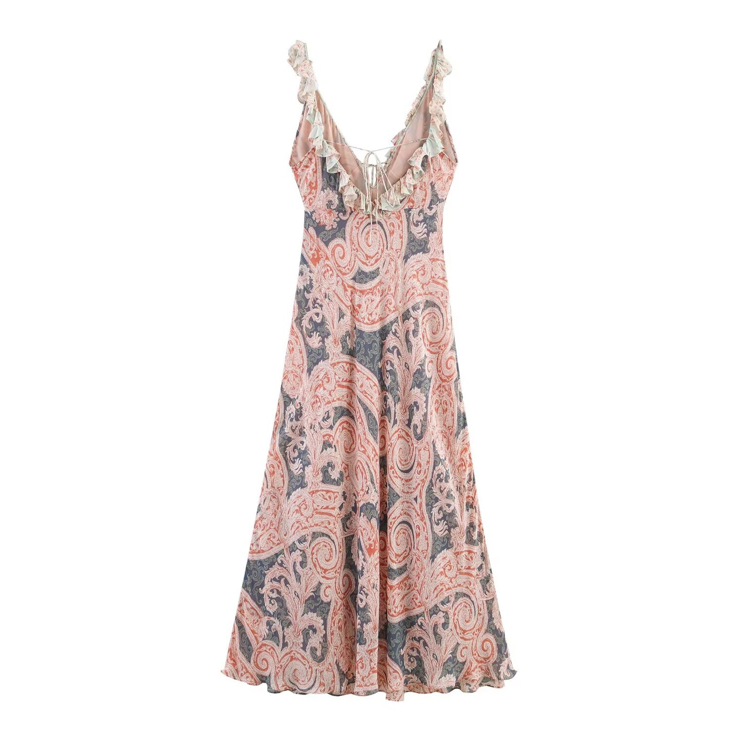 Women's new Fashion lingerie style printed V-neck suspender MIDI dress