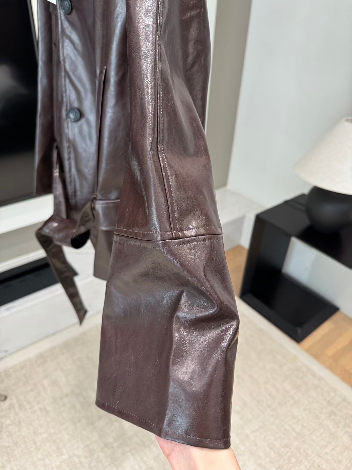 Women's new fashion with Belt short faux leather windbreaker Coat