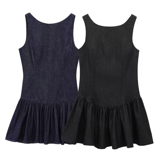 Women's new fashion layered decoration backless denim effect mini dress