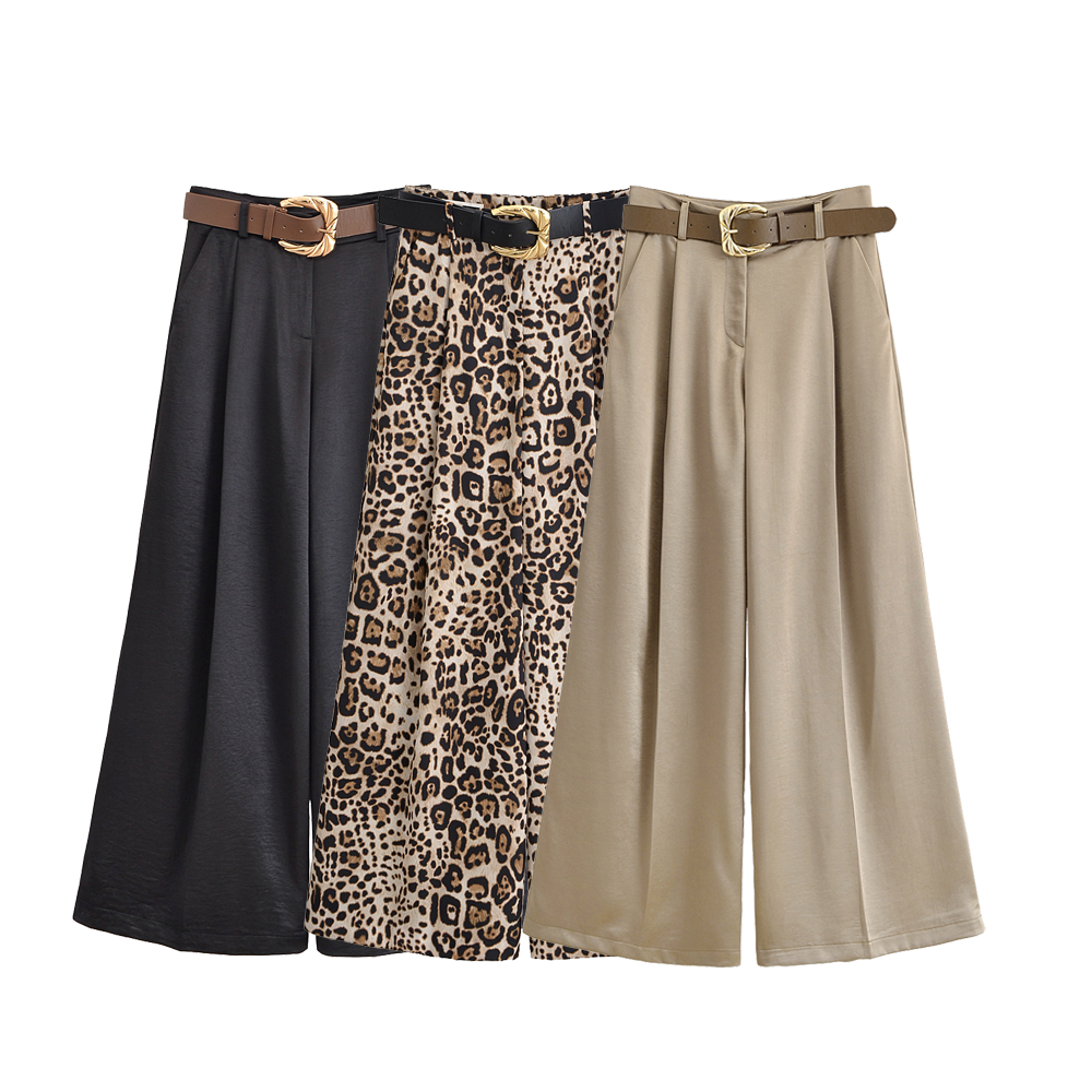 Women's new fashion with belt loose satin texture pleated pants high waisted casual pants