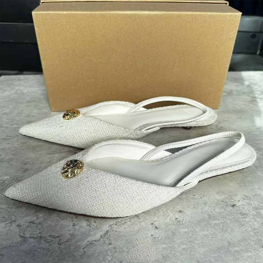 Women's New Temperament Joker Linen Fabric Metal Inlaid Pointed Kitten with Empty High Heels.