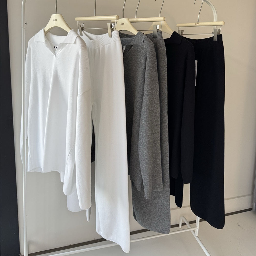 Women's new casual Joker suit Polo neck knitted pullover wide-leg trousers two-piece knitted suit