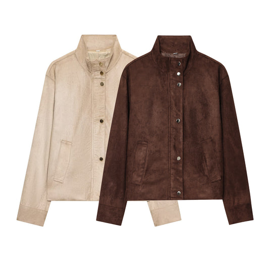 Women's new fashion anti suede effect stand collar jacket Coat