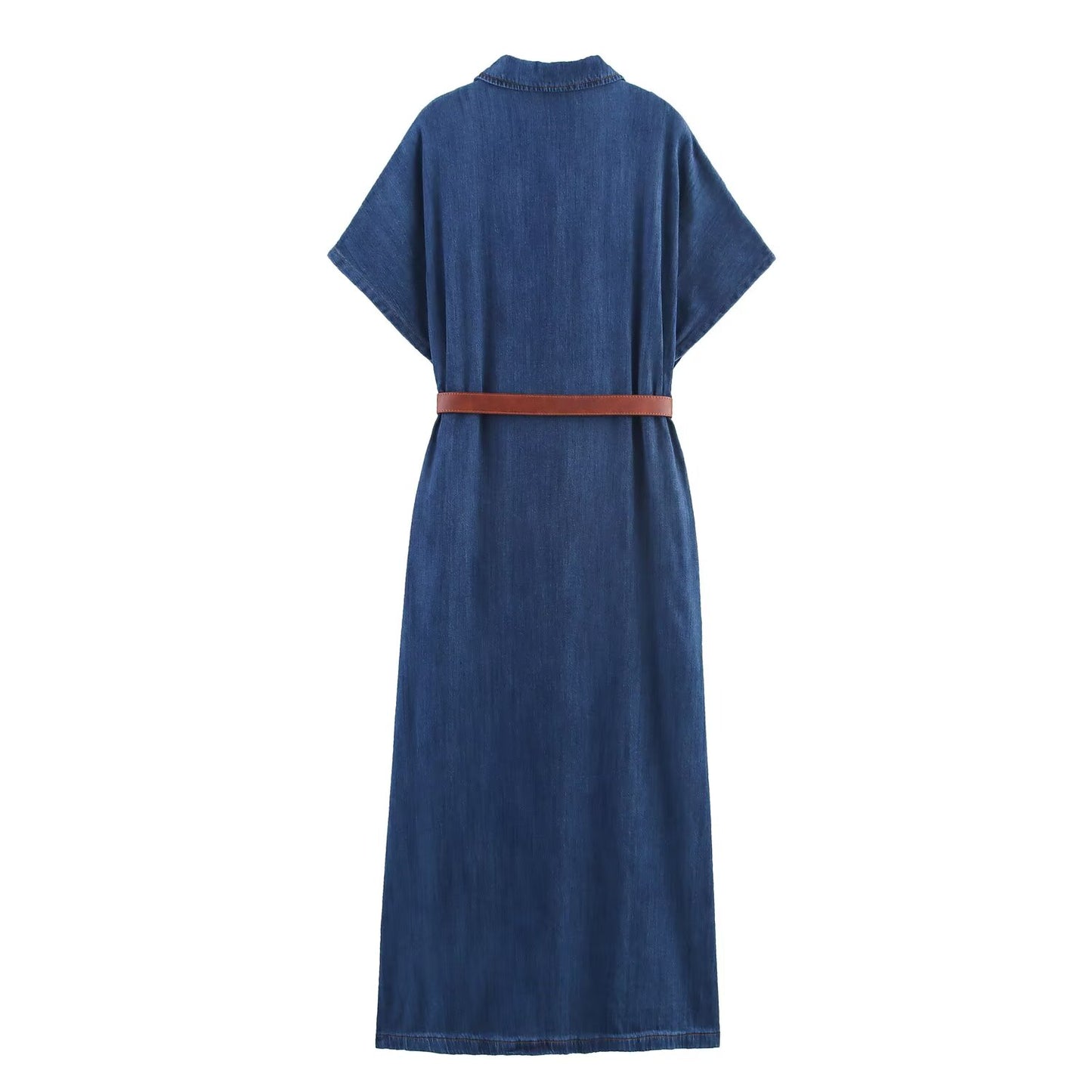 women's New Fashion with Belt short sleeved denim MIDI dress