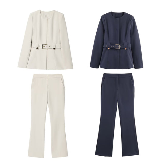 Women's new fashion with Belt slim round neck suit jacket+Pants suit