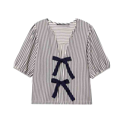 Women's new fashion bow decoration short sleeved striped shirt