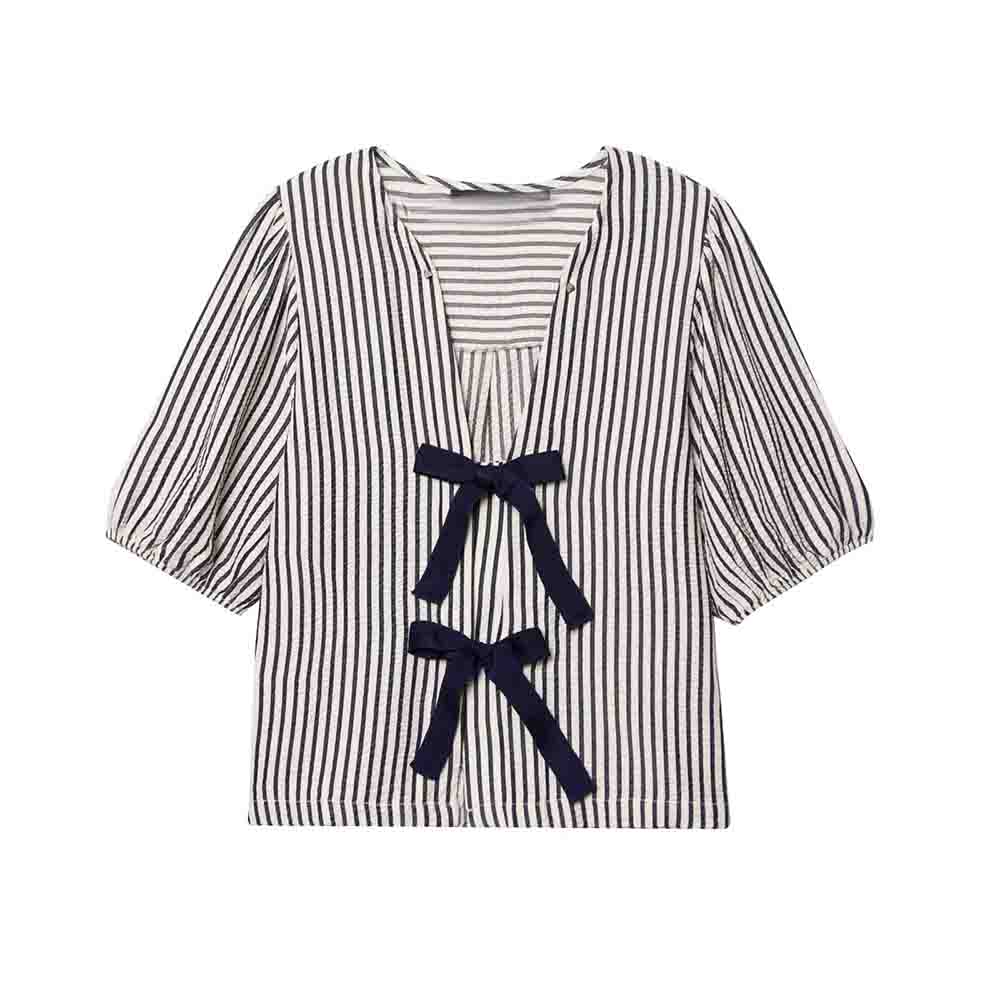 Women's new fashion bow decoration short sleeved striped shirt
